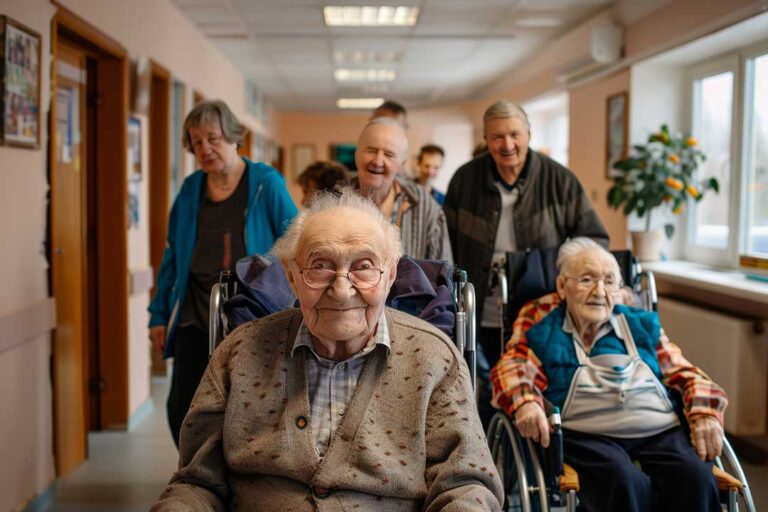 Residents enjoying a group exercise class in a sunny community common room with staff nearby.